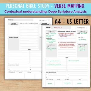 Pode incluir: Uma folha de trabalho imprimível para estudo pessoal da Bíblia com o título "Mapeamento de Versículos" e o subtítulo "Compreensão contextual, Análise profunda das Escrituras". A folha de trabalho é projetada para papel tamanho A4 ou US Letter e inclui seções para palavras-chave, definições, versículos de referência cruzada e notas.