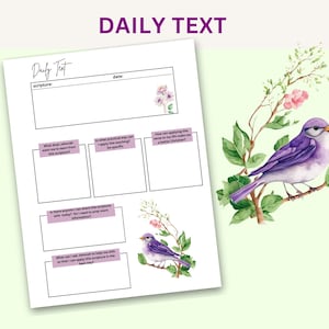 K&ouml;nnte beinhalten: Druckbare t&auml;gliche Text-Journal-Seite mit einem violetten Vogel auf einem Zweig mit rosa Bl&uuml;ten. Die Seite enth&auml;lt Abschnitte f&uuml;r die Schrift, was man lernen soll, wie man sie anwendet, teilt und um Hilfe bittet.
