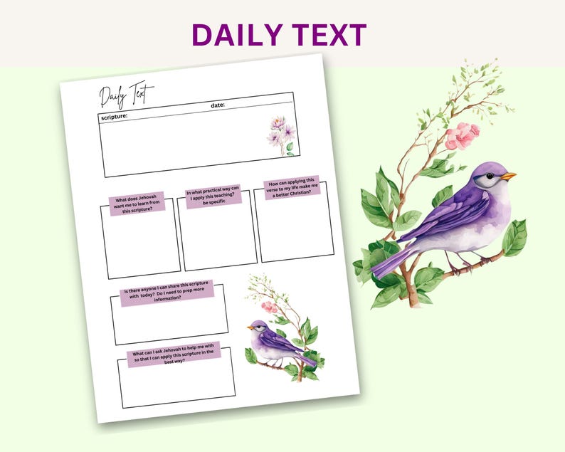 K&ouml;nnte beinhalten: Druckbare t&auml;gliche Text-Journal-Seite mit einem violetten Vogel auf einem Zweig mit rosa Bl&uuml;ten. Die Seite enth&auml;lt Abschnitte f&uuml;r die Schrift, was man lernen soll, wie man sie anwendet, teilt und um Hilfe bittet.