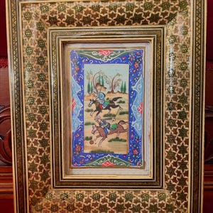Persian Micro Mosaic Khatam Marquetry - Inlaid Camel Bone Painting, Riding Scene