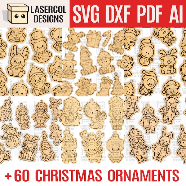 Christmas Ornaments Bundle +60 - Laser Cut Files - SVG+DXF+PDF+Ai - Glowforge Files - Instant Download - Glowforge Ornaments
