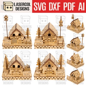 Case di Natale (4 stili) - File tagliati al laser - SVG+DXF+PDF - File Glowforge - Download immediato - Luce notturna - Regalo di Natale