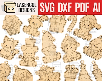 Christmas Ornaments - Laser Cut Files - SVG+DXF+PDF+Ai - Glowforge Files - Instant Download - Christmas Characters Ornaments for Kids