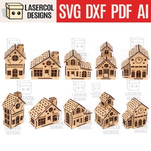 Weihnachtshäuser Set 1 (5 Styles) - Laser Cut Files - SVG+DXF+PDF - Glowforge Files - Instant Download - Nachtlicht - Weihnachtsgeschenk
