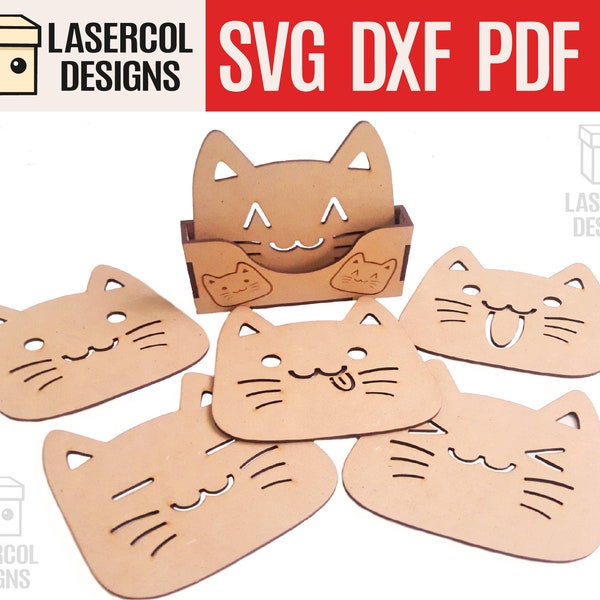 Cute Cat Coasters (6) Set 2 - Laser Cut Files - SVG+DXF+PDF+Ai - Instant Download
