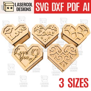 Conjunto de caixas em formato de coração 2 (5 estilos, 3 tamanhos) - Arquivos cortados a laser - SVG+DXF+PDF - Arquivos Glowforge - Download instantâneo - Presente de Dia dos Namorados