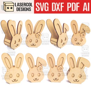 Set di cestini pasquali a forma di coniglietto 1 (4 stili, 2 misure) - File tagliati al laser - SVG+DXF+PDF - File Glowforge - Download immediato - Scatola regalo di Pasqua