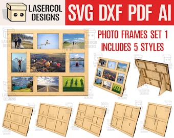 Photo Frames Set 1 (5 Styles) - Laser Cut Files - SVG+DXF+PDF+Ai - Glowforge Files - Instant Download