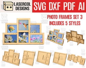 Conjunto de marcos de fotos 3 (5 estilos) - Archivos de corte láser - SVG + DXF + PDF + Ai - Archivos Glowforge - Descarga instantánea