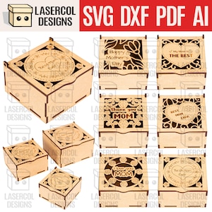 Muttertagsgeschenkboxen (3 Größen, 6 Styles) - Laser Cut Files - Glowforge-Dateien SVG + DXF + PDF - Instant Download - Geschenkbox