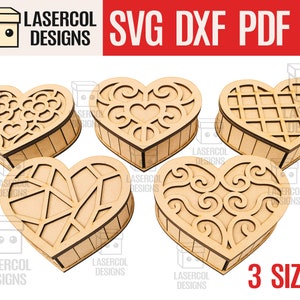 Heart Shaped Box Set 1 (5 Styles, 3 Sizes) - Laser Cut Files - SVG+DXF+PDF+Ai - Glowforge Files - Instant Download - Valentine's Day Gift
