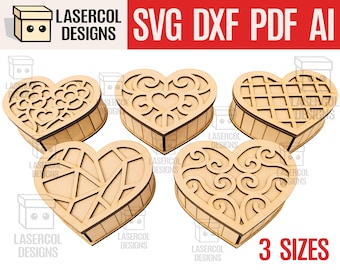 Heart Shaped Box Set 1 (5 Styles, 3 Sizes) - Laser Cut Files - SVG+DXF+PDF+Ai - Glowforge Files - Instant Download - Valentine's Day Gift