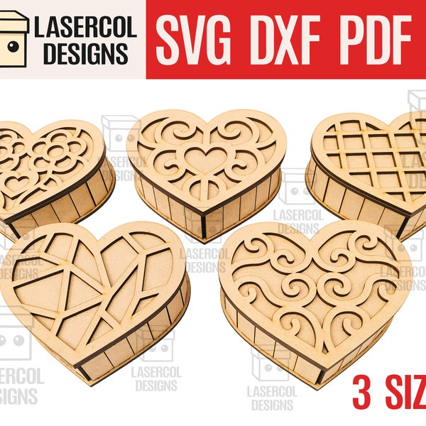 Pudełko w kształcie serca Zestaw 1 (5 stylów, 3 rozmiary) - Pliki wycinane laserowo - SVG+DXF+PDF+Ai - Glowforge Files - Instant Download - Prezent na Walentynki