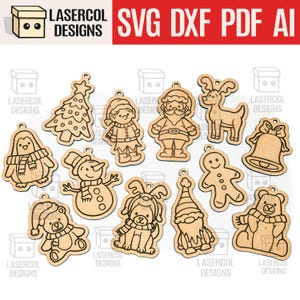 Ozdoby świąteczne - pliki cięte laserowo - SVG+DXF+PDF - pliki Glowforge - natychmiastowe pobieranie - ozdoby z postaciami świątecznymi dla dzieci