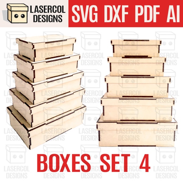 Laser Cut Boxes Files Glowforge SVG+DXF+PDF+Ai Laser Cut File Boxes Set 4 (5 sizes)