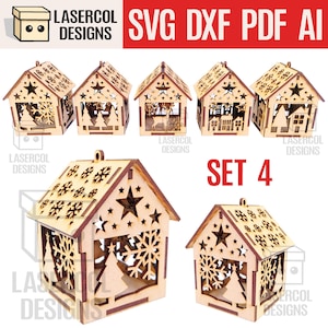 Set di 4 decorazioni natalizie a forma di casa (2 misure, 5 stili) - File tagliati al laser - SVG+DXF+PDF - File Glowforge - Download immediato - Luce notturna