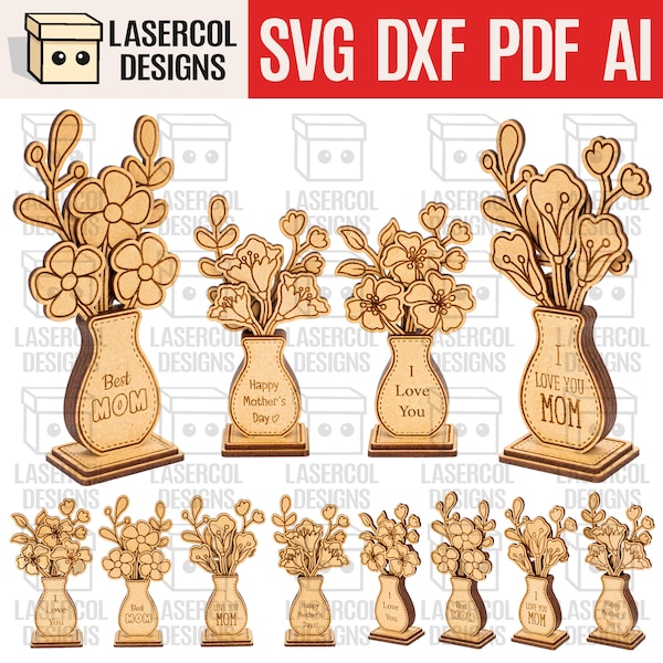 Mother's Day Flowers (2 Sizes, 4 Styles) - Laser Cut Files - SVG+DXF+PDF+Ai - Glowforge Files - Instant Download - Mother's Day Gift