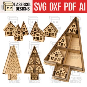 Pudełko na ozdoby świąteczne - pliki cięte laserowo - SVG+DXF+PDF - pliki Glowforge - natychmiastowe pobieranie - świąteczne domy - lampka nocna