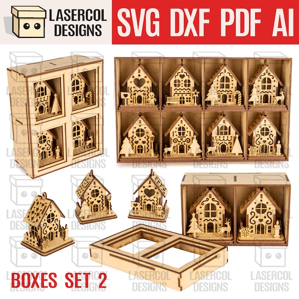 Weihnachten Häuser Ornamente Boxen Set 2 (8 Häuser Styles) - Laser Cut Dateien - SVG+DXF+PDF+Ai - Glowforge Dateien - Instant Download