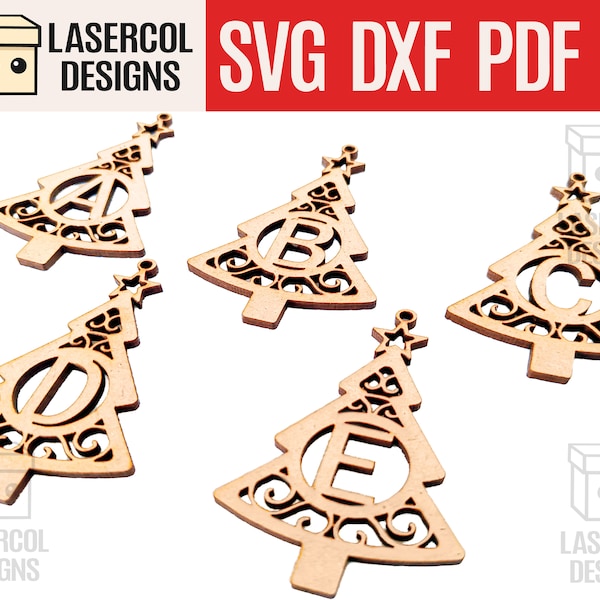 Monogram Christmas Tree Ornaments - Laser Cut Files - SVG+DXF+PDF+Ai - Glowforge Files - Instant Download - alphabet Ornaments