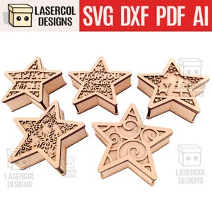 Caja de Estrellas Navideñas (2 Tamaños, 5 Estilos) - Archivos cortados con láser - SVG+DXF+PDF - Archivos Glowforge - Descarga instantánea