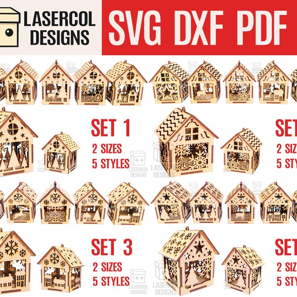 Christmas House Ornaments Bundle (Set 1-2-3-4) - Laser Cut Files - SVG+DXF+PDF+Ai - Glowforge Files - Instant Download - Nightlight