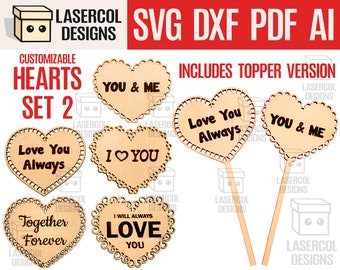 Heart Shaped Cut Outs and Toppers Set 2 - Laser Cut Files - Glowforge Files SVG+DXF+PDF+Ai  - Instant Download - Gift Tag Cutouts Hearts