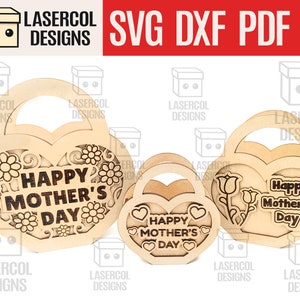 Mother's Day Gift Basket (3 Sizes) - Laser Cut Files - SVG+DXF+PDF+Ai - Instant Download - Heart Shaped Basket