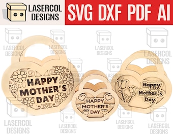 Panier cadeau fête des Mères (3 tailles) - Fichiers découpés au laser - SVG+DXF+PDF+Ai - Téléchargement instantané - Panier en forme de cœur