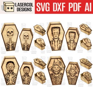 Halloween Coffin Boxes Bundle (Set 1-2-3-4) - (2 Größen) - Laser Cut Files - SVG+DXF+PDF - Glowforge Files - Instant Download