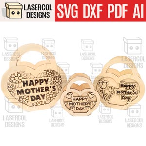 母の日ギフトバスケット（3サイズ） - レーザーカットファイル - SVG+DXF+PDF - 即時ダウンロード - ハート型バスケット