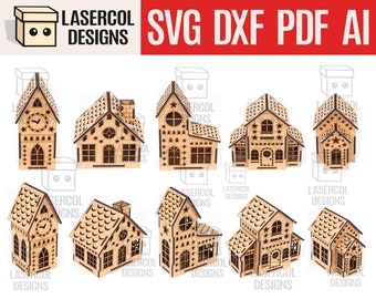 Christmas Houses Set 2 (5 Styles) - Laser Cut Files - SVG+DXF+PDF+Ai - Glowforge Files - Instant Download - Nightlight - Christmas Gift