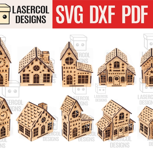 Christmas Houses Set 2 (5 Styles) - Laser Cut Files - SVG+DXF+PDF+Ai - Glowforge Files - Instant Download - Nightlight - Christmas Gift