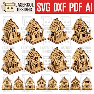 Decorazioni natalizie a forma di casetta (8 stili) - File tagliati al laser - SVG+DXF+PDF - File Glowforge - Download immediato - Luce notturna