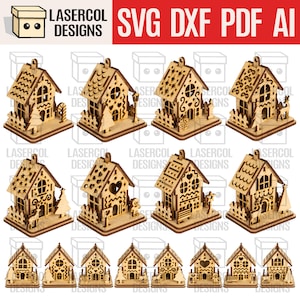 Christmas Houses Ornaments  (8 Styles) - Laser Cut Files - SVG+DXF+PDF+Ai - Glowforge Files - Instant Download - Nightlight