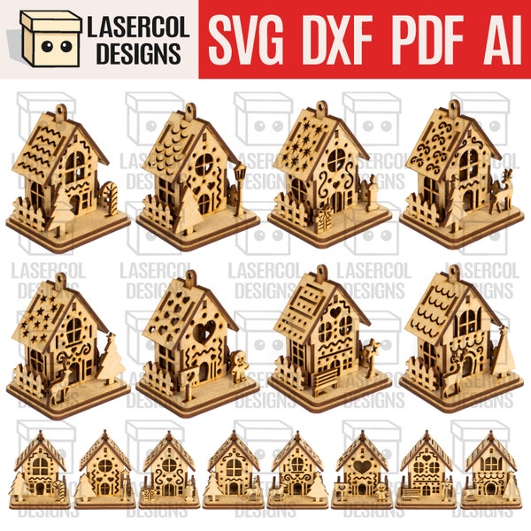 Ornamenti per case di Natale (8 stili) - File tagliati al laser - SVG+DXF+PDF+Ai - File Glowforge - Download istantaneo - Luce notturna