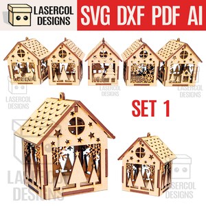 Set di decorazioni natalizie per la casa 1 (2 misure, 5 stili) - File tagliati al laser - SVG+DXF+PDF - File Glowforge - Download immediato - Luce notturna
