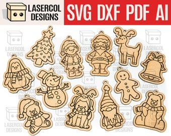 Christmas Ornaments - Laser Cut Files - SVG+DXF+PDF+Ai - Glowforge Files - Instant Download - Christmas Characters Ornaments for Kids