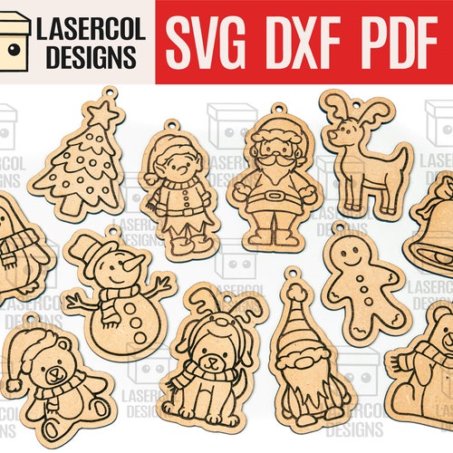 Christmas Ornaments - Laser Cut Files - SVG+DXF+PDF+Ai - Glowforge Files - Instant Download - Christmas Characters Ornaments for Kids