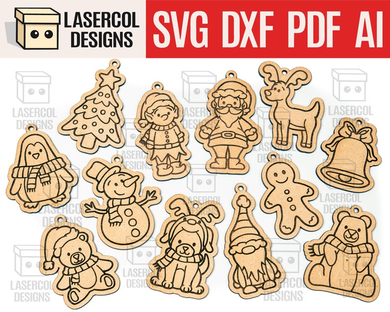 Christmas Ornaments Laser Cut Files SVGDXFPDFAi Glowforge Files Instant Download Christmas Characters Ornaments for Kids image 1