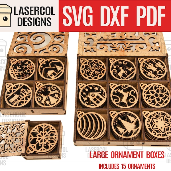 Grandes boîtes d’ornements - Fichiers découpés au laser - SVG+DXF+PDF+Ai - Fichiers Glowforge - Téléchargement instantané