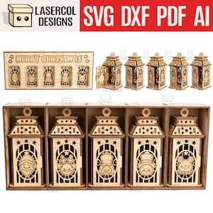 Kerstlantaarns set met doos - lasergesneden bestanden - SVG + DXF + pdf - Glowforge-bestanden - direct downloaden - nachtlampje - kerstversieringen