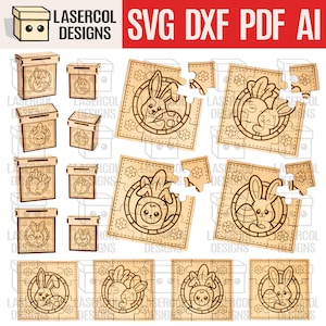 Osterhasen Puzzle Bundle (Set 1-2-3-4) - Laser Cut Dateien - Glowforge Dateien - SVG + DXF + PDF - Sofortdownload - enthält Boxen (2 Größen)