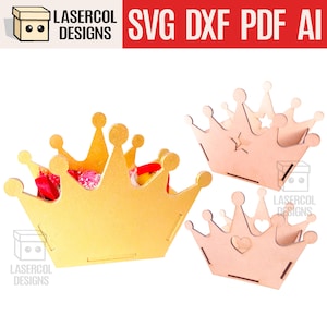 Caja con forma de corona (4 tamaños, 3 estilos) - Archivos cortados con láser - SVG+DXF+PDF - Archivos Glowforge - Descarga instantánea