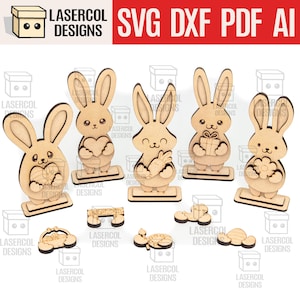 Set di coniglietti pasquali (2 misure, 5 stili) - File tagliati al laser - SVG+DXF+PDF - File Glowforge - Download immediato - Regalo di Pasqua