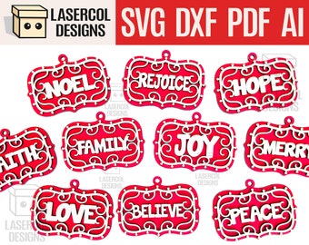 Christmas Ornaments / Plaques - Laser Cut Files - SVG+DXF+PDF+Ai - Glowforge Files - Instant Download - alphabet Ornament