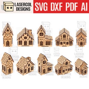 Weihnachtshäuser Set 2 (5 Styles) - Laser Cut Files - SVG+DXF+PDF - Glowforge Files - Instant Download - Nachtlicht - Weihnachtsgeschenk