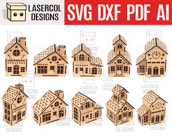 Christmas Houses Set 1 (5 Styles) - Laser Cut Files - SVG+DXF+PDF+Ai - Glowforge Files - Instant Download - Nightlight - Christmas Gift
