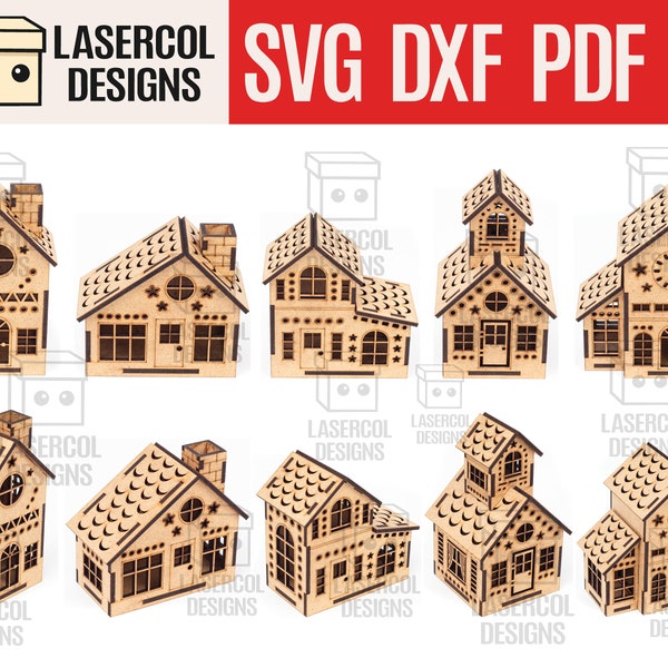 Christmas Houses Set 1 (5 Styles) - Laser Cut Files - SVG+DXF+PDF+Ai - Glowforge Files - Instant Download - Nightlight - Christmas Gift