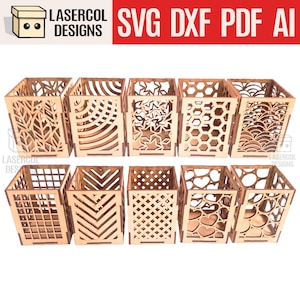 Porta-lápis (dez estilos) - Arquivos cortados a laser - SVG+DXF+PDF - Arquivos Glowforge - Download instantâneo